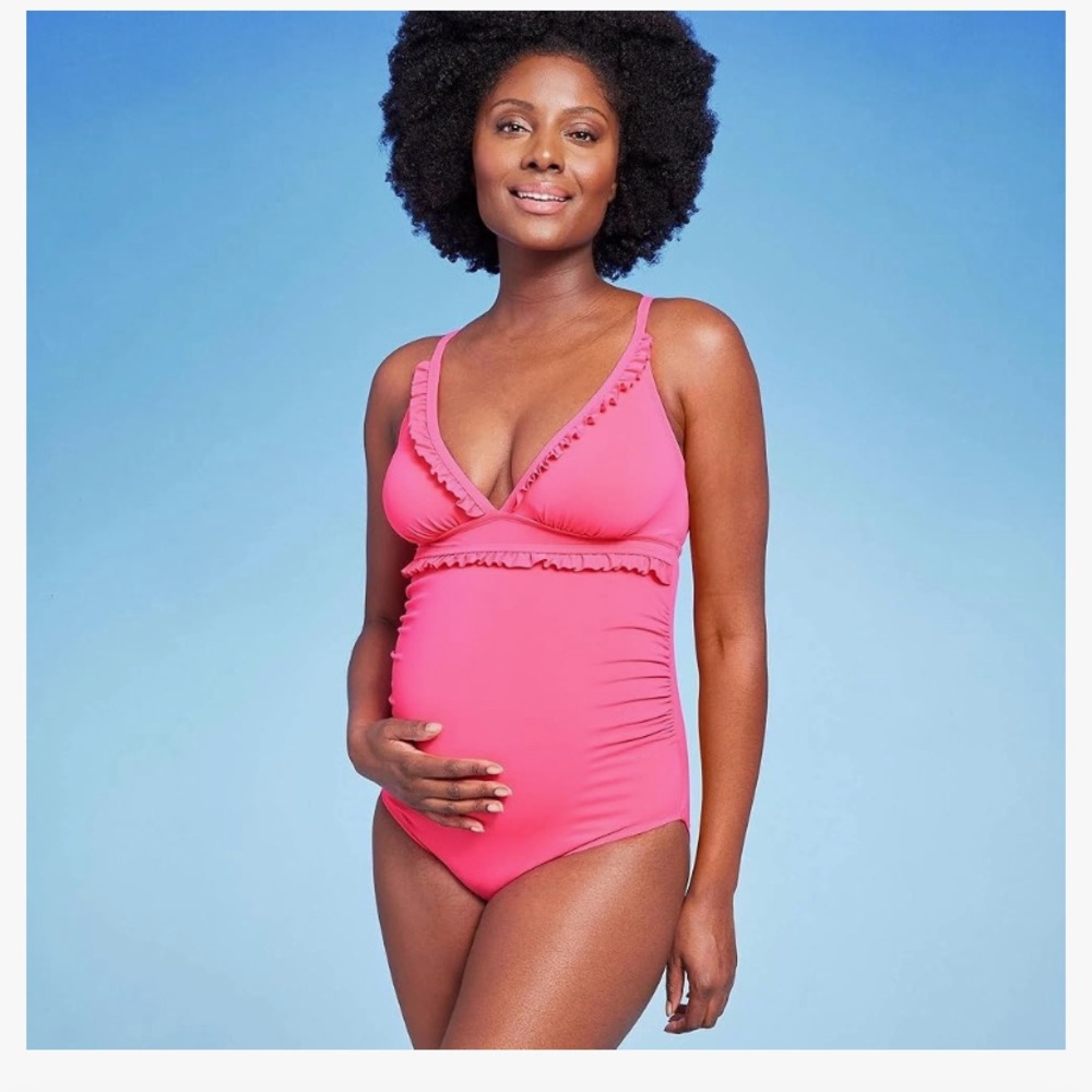 💙3/$15 Isabel Maternity V-Neck Micro Ruffle One Piece pink maternity Swimsuit